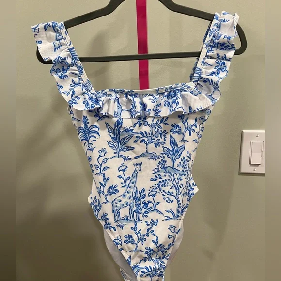 Lilly Pulitzer Aemma Ruffle One-Piece Swimsuit Resort White Tall Tales" print. - Picture 7 of 10